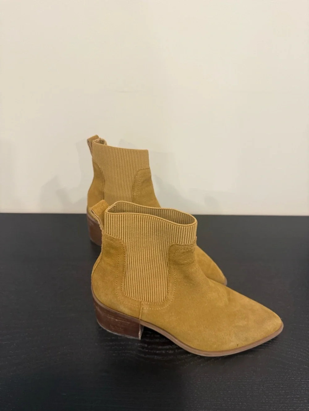 Women’s Suede Pointed-Toe Chelsea Booties in Camel - Picture 2 of 4